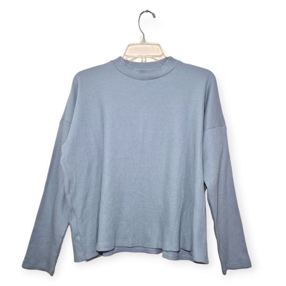 EILEEN FISHER Cozy Waffle Knit Mock Neck Box-Top in Frost Light Blue Large